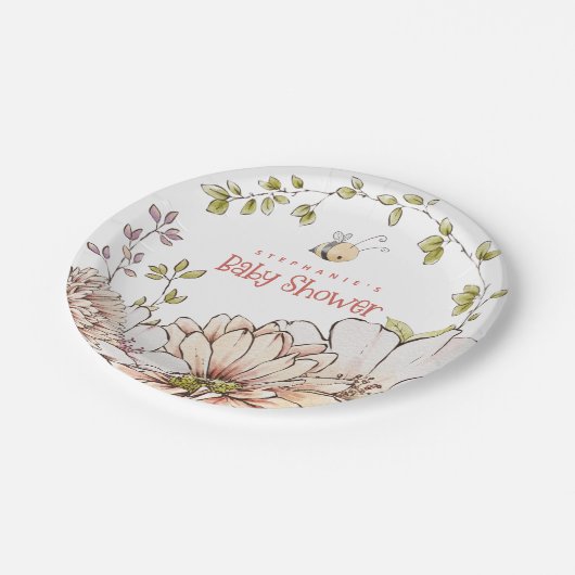 Hummeln Florals Korallenschild Kinderdusche Pappteller (Schrägansicht)