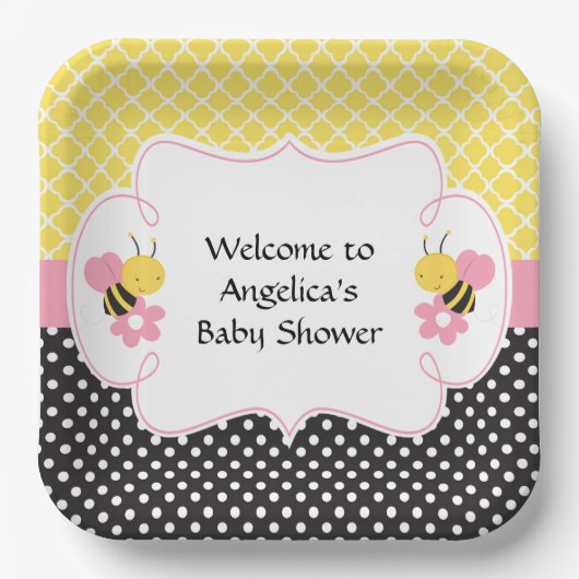 Hummeln Gelb und Schwarze Babydusche (Mädchen) Pappteller (Vorderseite)