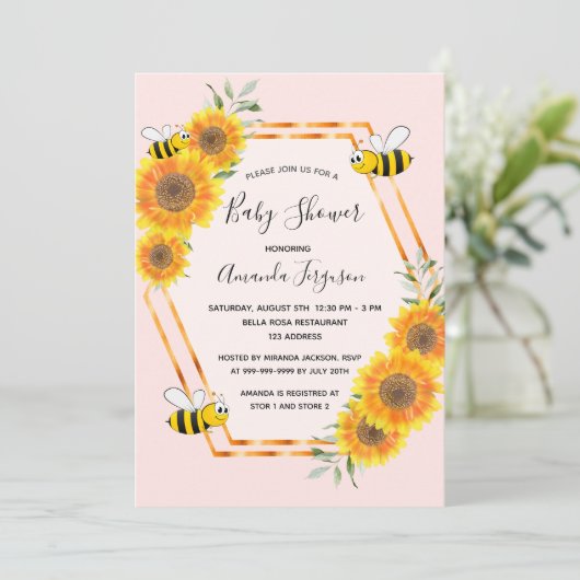 Hummeln Rose Goldfarben Rosa Sonnenblumen Babydusc Einladung (Stehend Vorderseite)