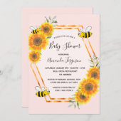 Hummeln Rose Goldfarben Rosa Sonnenblumen Babydusc Einladung (Vorne/Hinten)