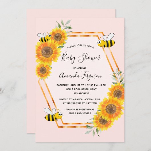 Hummeln Rose Goldfarben Rosa Sonnenblumen Babydusc Einladung (Vorne/Hinten)