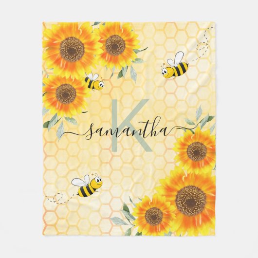 Hummeln Sonnenblumen Gelbe Honigwabenmonogramm Fleecedecke (Vorderseite)