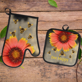 Hummeln und Orange Gaillardia Sonnenblume Ofenhandschuh & Topflappen-Set