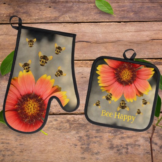 Hummeln und Orange Gaillardia Sonnenblume Ofenhandschuh & Topflappen-Set