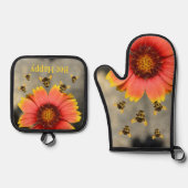 Hummeln und Orange Gaillardia Sonnenblume Ofenhandschuh & Topflappen-Set (Vorderseite)