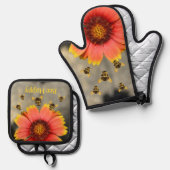 Hummeln und Orange Gaillardia Sonnenblume Ofenhandschuh & Topflappen-Set (Vorderseite/Rückseite)