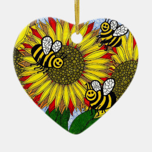 Hummeln und Sonnenblume-Verzierung Keramikornament