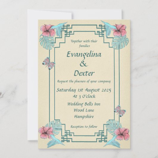 Hummende Vögel & Hibiskus - Einladung zur Hochzeit (Vorderseite)