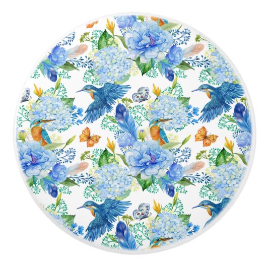 Hummende Vögel und blaues Hydrangea Keramikknauf (Vorderseite)