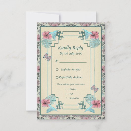 Hummender Vogel und Hibiskus - Antwortkarte für Ho RSVP Karte (Vorderseite)