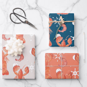 Hummer-Krebs-Wasserfarben-Schneemuster Geschenkpapier Set