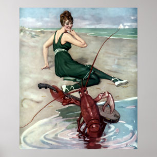 Hummer mit Banjo, der ein Mädchen am Strand sereni Poster