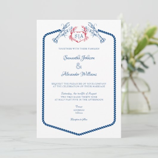 Hummer Nautical Monogram Script Hochzeit der Marin Einladung (Stehend Vorderseite)