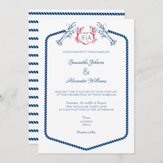 Hummer Nautical Monogram Script Hochzeit der Marin Einladung (Vorne/Hinten)