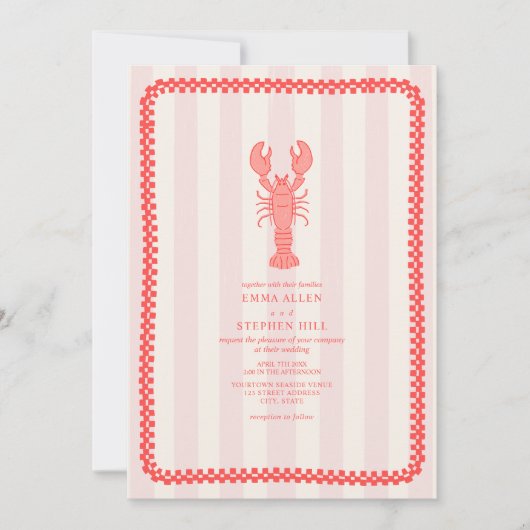 Hummer Pink Stripe Karton Nautische Hochzeit Einladung (Vorderseite)