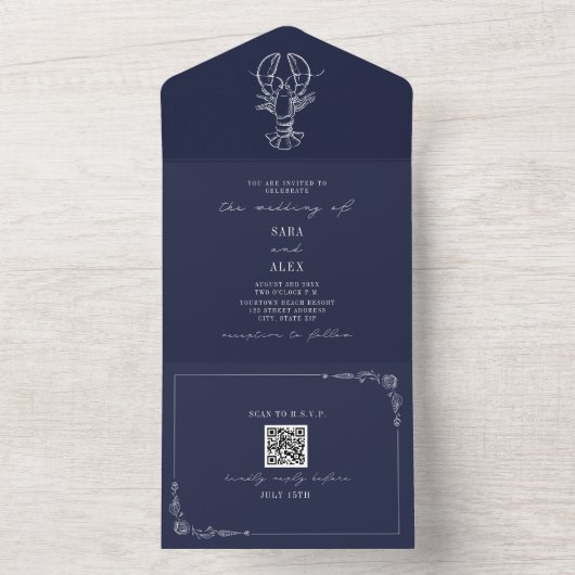 Hummer Rustic Beach Hochzeit Dunkelblau QR All In One Einladung (Innen Boden)