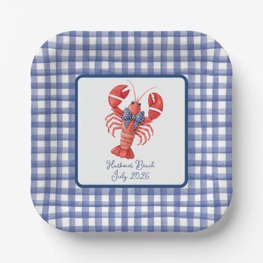 Hummer Sommer Nautical Blau Gingham 4. Juli Pappteller (Vorderseite)
