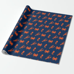 Hummerkrabbe-Seepferd-Marineblume Orangenmuster Geschenkpapier