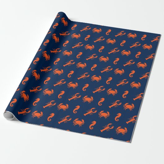 Hummerkrabbe-Seepferd-Marineblume Orangenmuster Geschenkpapier (Ungerollt)