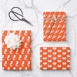Hummerkrabbe Seepferd Orange Muster Küstenlinie ni Geschenkpapier Set