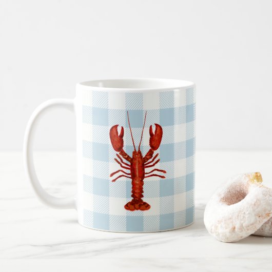 Hummermalerei an der Küste Gingham Muster Kaffeetasse (Mit Donut)