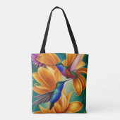 Humming Vögel auf Orangen Blüten Tote Tasche (Rückseite)