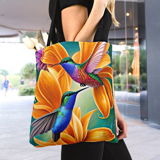 Humming Vögel auf Orangen Blüten Tote Tasche
