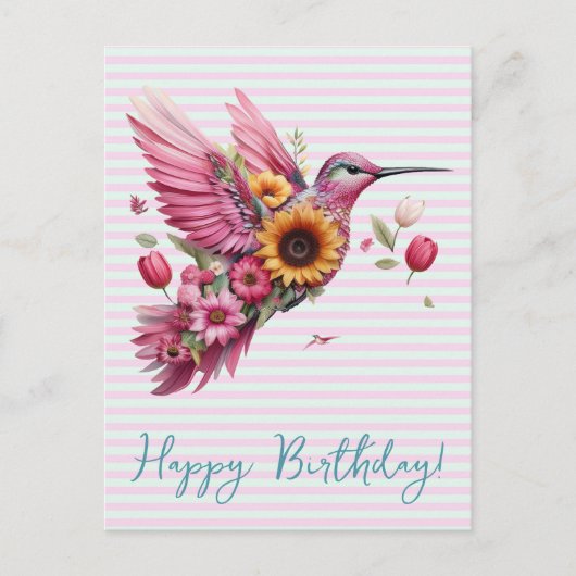 Humming Vogel fliegt Happy Birthday Postkarte (Vorderseite)