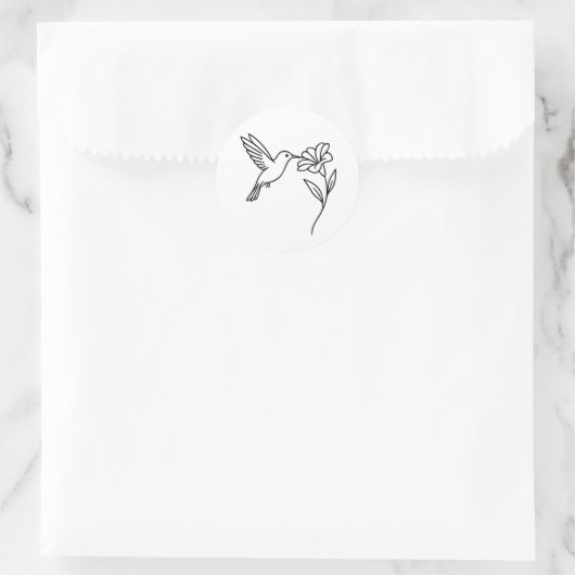 Hummingbird and Flower – Minimalist Black Line Art Runder Aufkleber (Tasche)