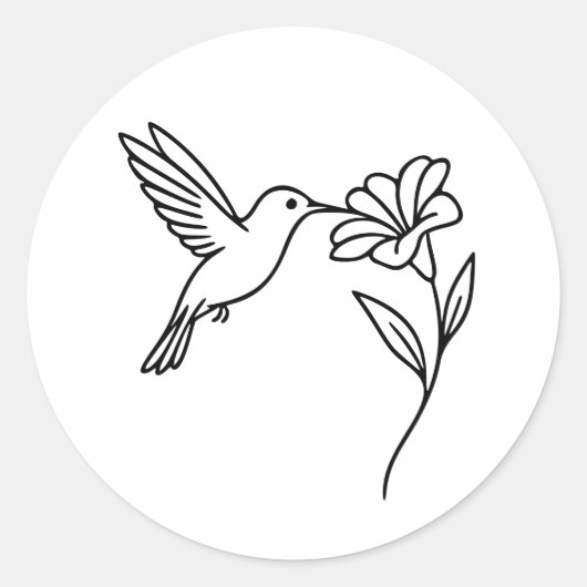 Hummingbird and Flower – Minimalist Black Line Art Runder Aufkleber (Vorderseite)