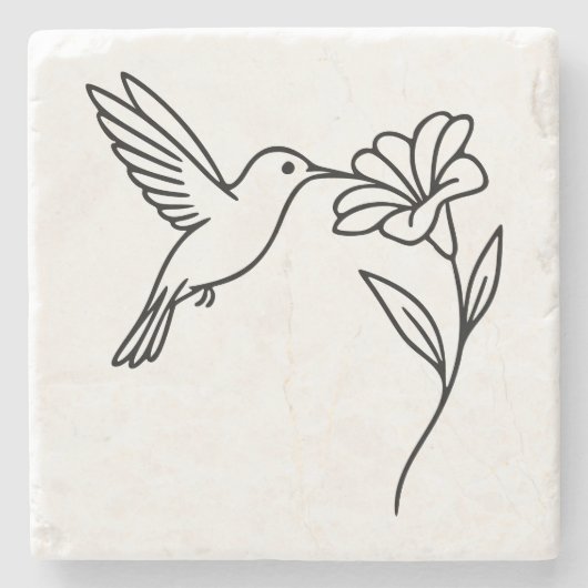 Hummingbird and Flower – Minimalist Black Line Art Steinuntersetzer (Vorderseite)