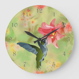Hummingbird and Pink Lily on Floral Pattern Große Wanduhr