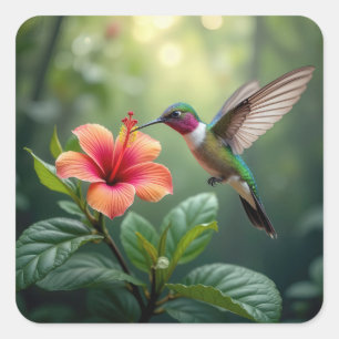 Hummingbird auf einem Hibiskus Quadratischer Aufkleber