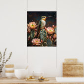 Hummingbird auf einer blühenden Kaktus Poster (Küche)