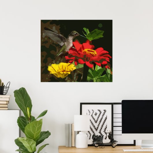 Hummingbird auf Zinnias Poster (Heimbüro)