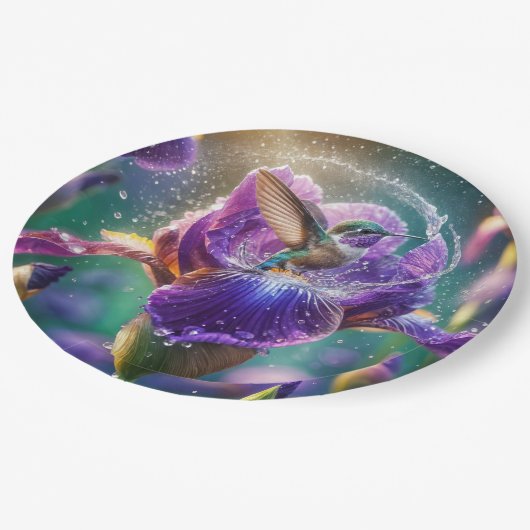 Hummingbird baden in einer Iris Pappteller (Schrägansicht)