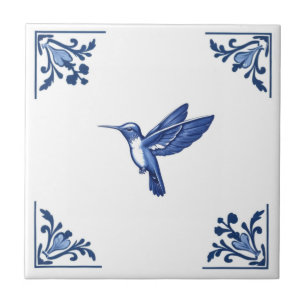 Hummingbird Bird Delft Blue und White Corners Fliese
