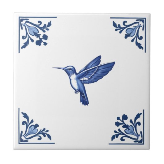 Hummingbird Bird Delft Blue und White Corners Fliese (Vorderseite)