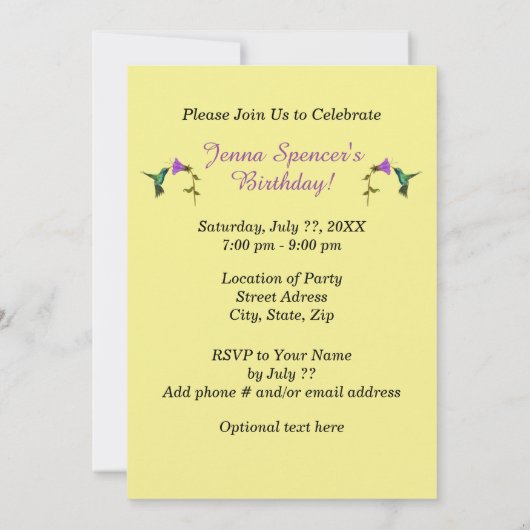 Hummingbird Birthday Party Einladung (Gelb) (Rückseite)
