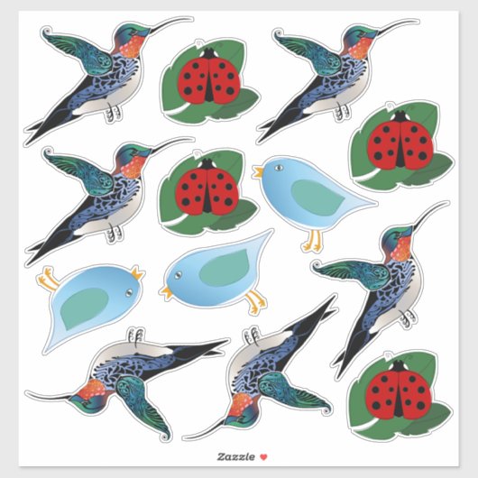 Hummingbird Blue Bird Ladybug Illustrationen Aufkleber (Blatt)