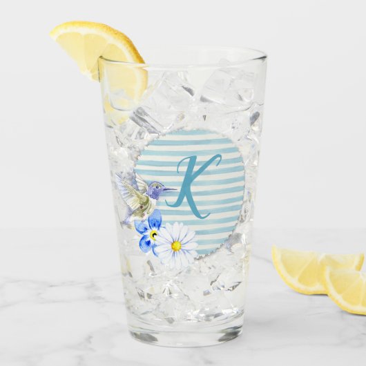 Hummingbird Blue Floral Monogram Drinken Glas (Vorderseite Ice)