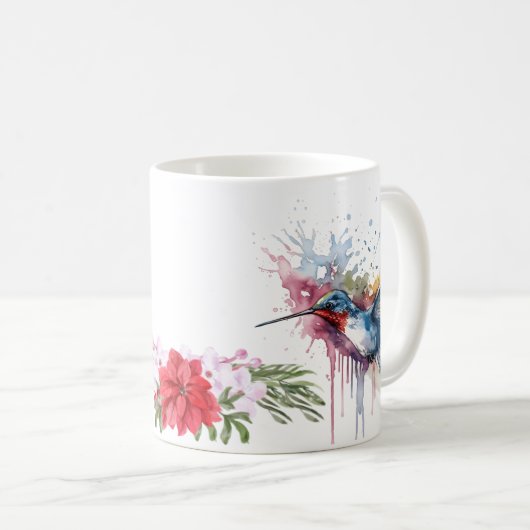 Hummingbird & Blume Kaffee Tasse | Aquarellfarbene (VorderseiteRechts)