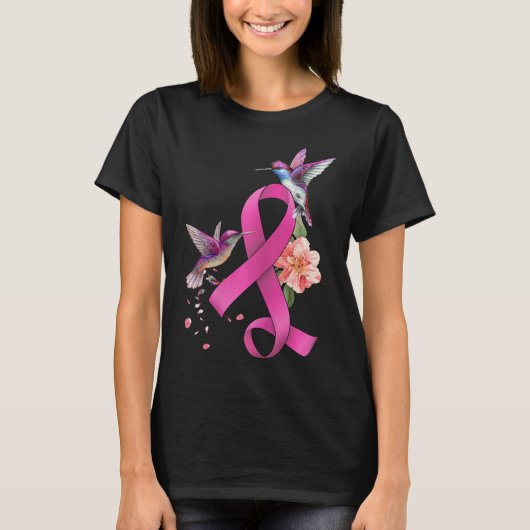 Hummingbird Blume Pink Ribbon Brustkrebs Aware T-Shirt (Vorderseite)