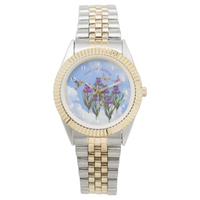 Hummingbird Butterfets Iris Blume Personalisiert Armbanduhr (Vorderseite)