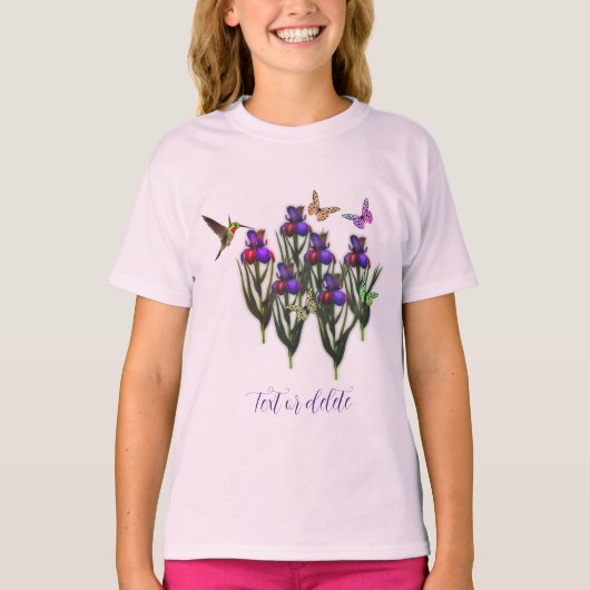 Hummingbird Butterfets Iris Blume Personalisiert T-Shirt (Vorderseite)