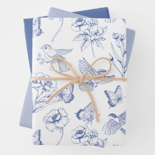 Hummingbird & Butterfly Toile Blue Wrapping Geschenkpapier Set