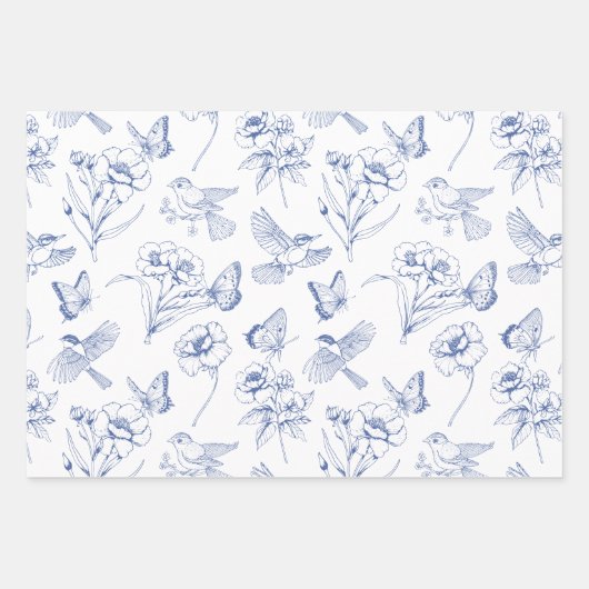Hummingbird & Butterfly Toile Blue Wrapping Geschenkpapier Set (Vorderseite 3)