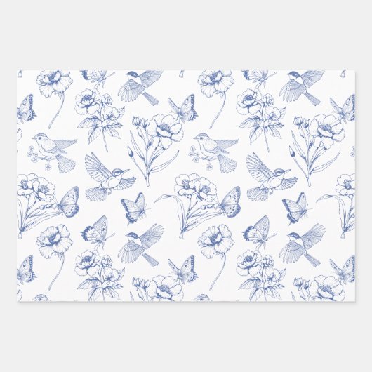 Hummingbird & Butterfly Toile Blue Wrapping Geschenkpapier Set (Vorderseite 2)
