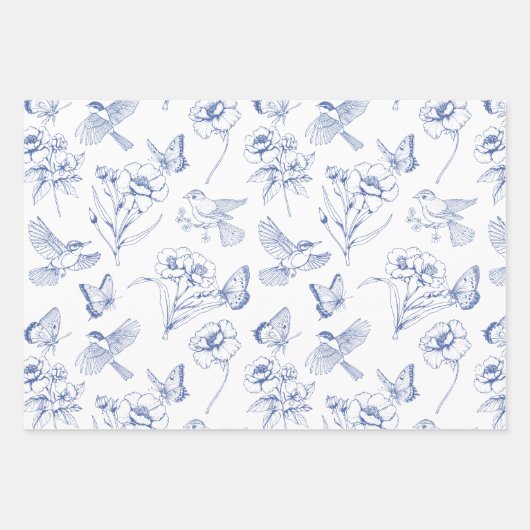 Hummingbird & Butterfly Toile Blue Wrapping Geschenkpapier Set (Vorderseite)