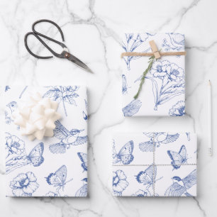 Hummingbird & Butterfly Toile Blue Wrapping Geschenkpapier Set